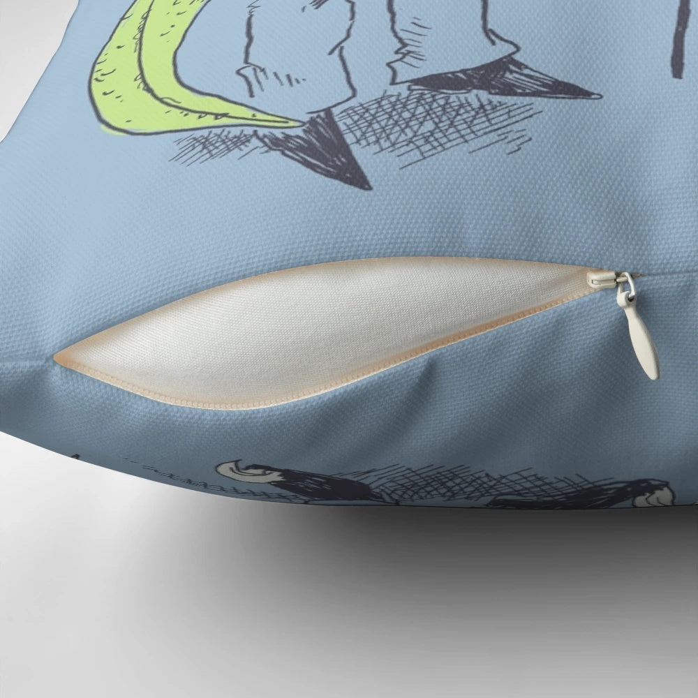 Plush pillows featuring a T-Rex and Velociraptor wearing suits, monocles, and holding tea canes.