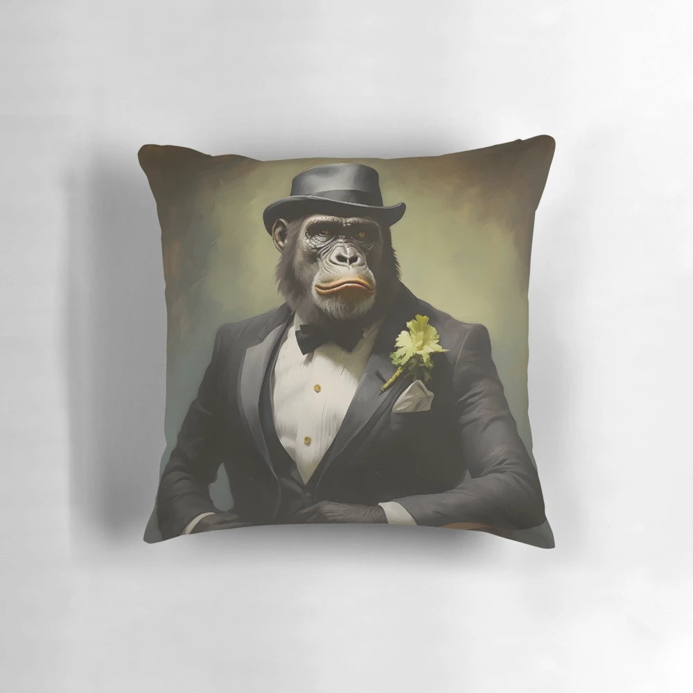 A portrait of a gorilla wearing a suit and top hat, surrounded by colorful confetti.