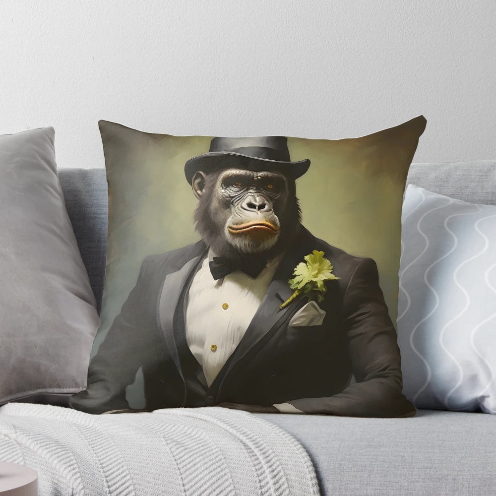 A portrait of a gorilla wearing a suit and top hat, surrounded by colorful confetti.