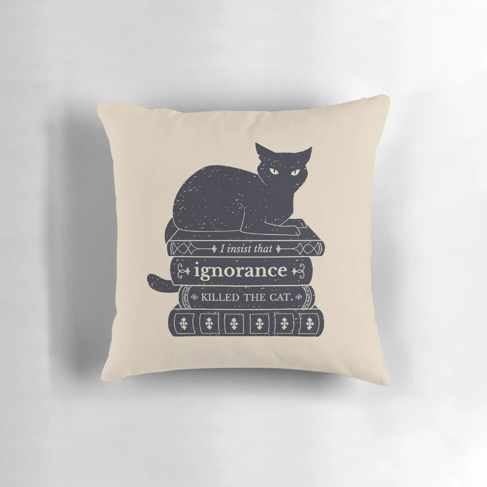Dark academia-inspired pillow with a cat silhouette and the quote "Ignorance Killed the Cat"