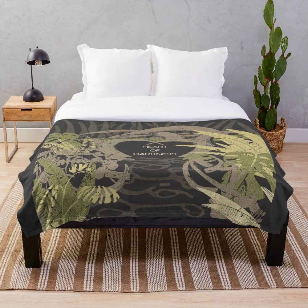 Heart of Darkness Plush Blanket with Jungle Plants and Skeleton Bones Design