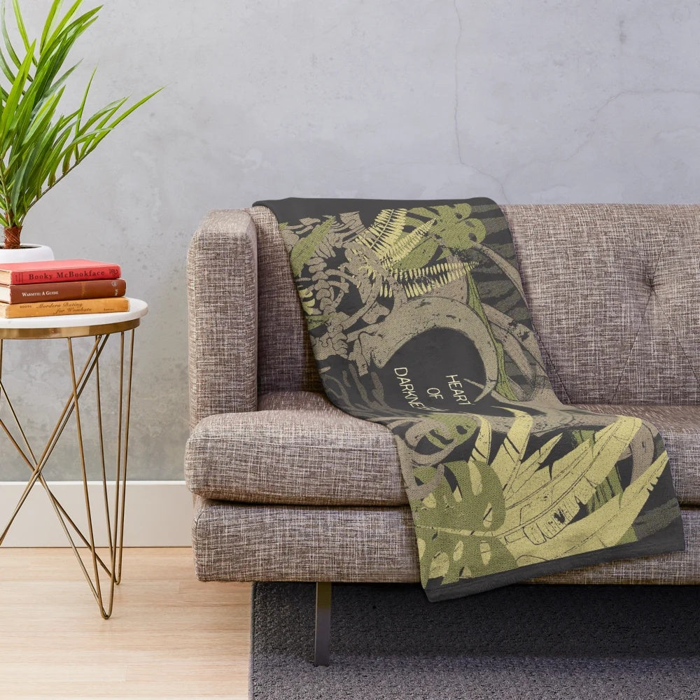 Heart of Darkness Plush Blanket with Jungle Plants and Skeleton Bones Design