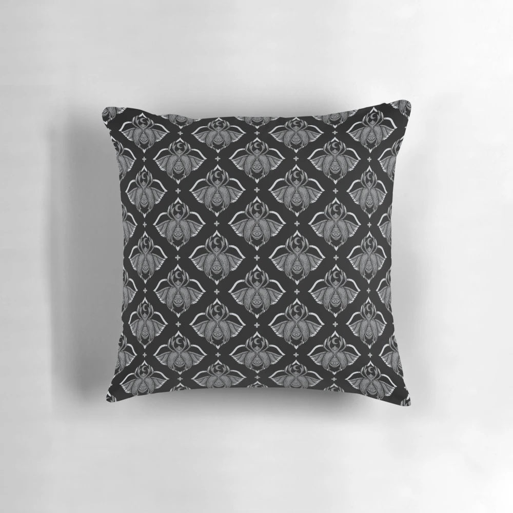 Dark patterned pillow with beetle design, perfect for gothic and occult-inspired home decor.