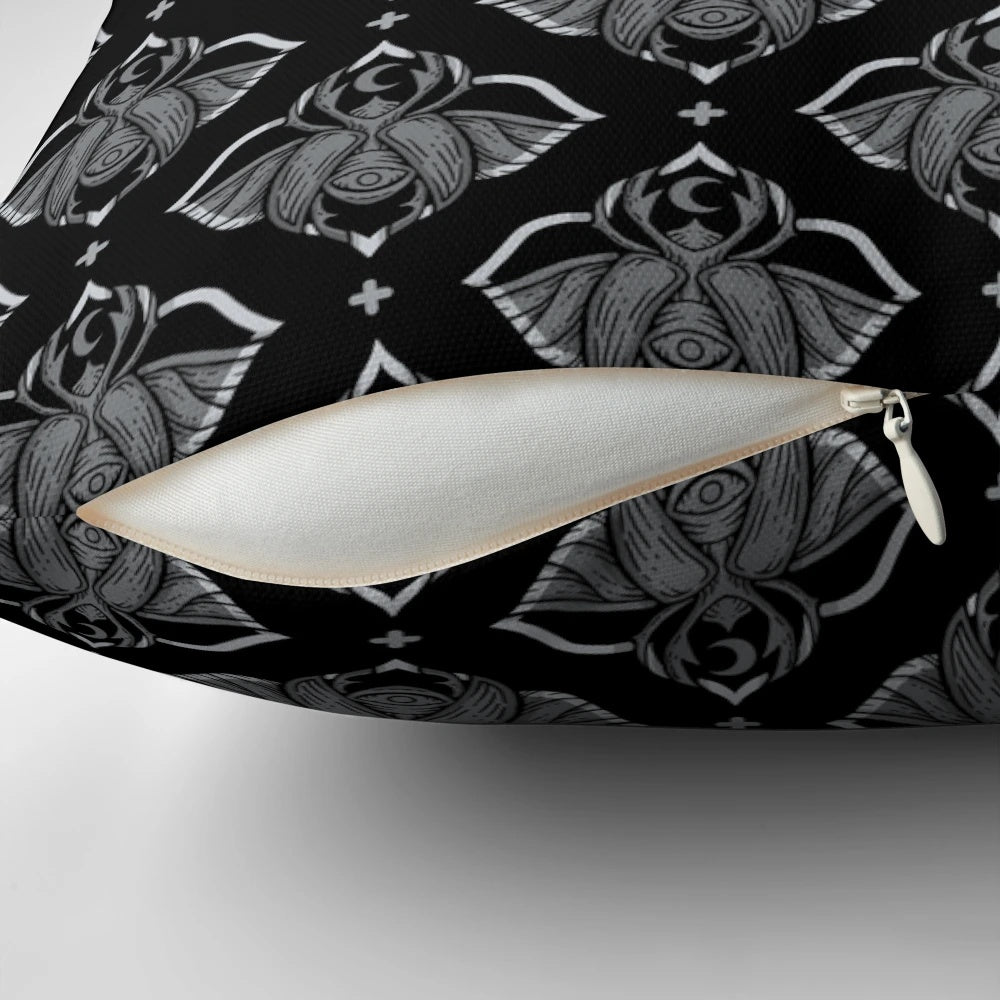 Dark patterned pillow with beetle design, perfect for gothic and occult-inspired home decor.