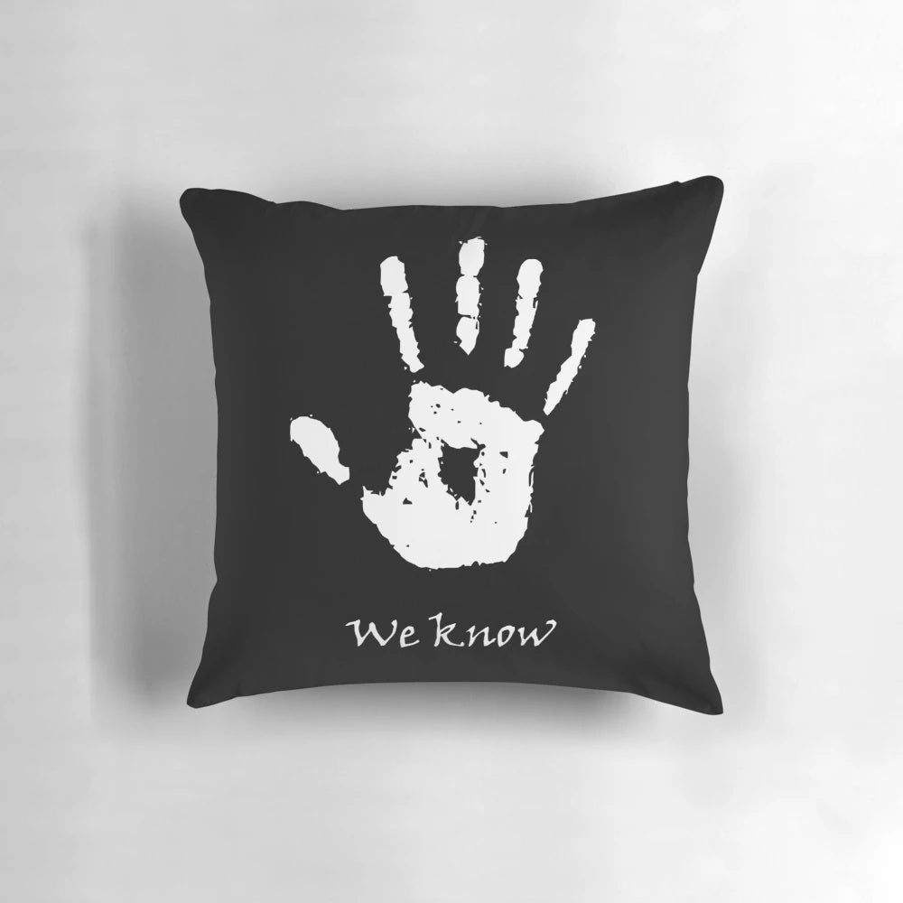 Dark Brotherhood 'We Know' Skyrim-inspired decorative pillow featuring a handprint and note design