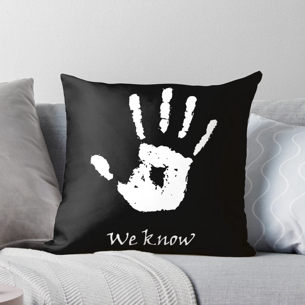 Dark Brotherhood 'We Know' Skyrim-inspired decorative pillow featuring a handprint and note design