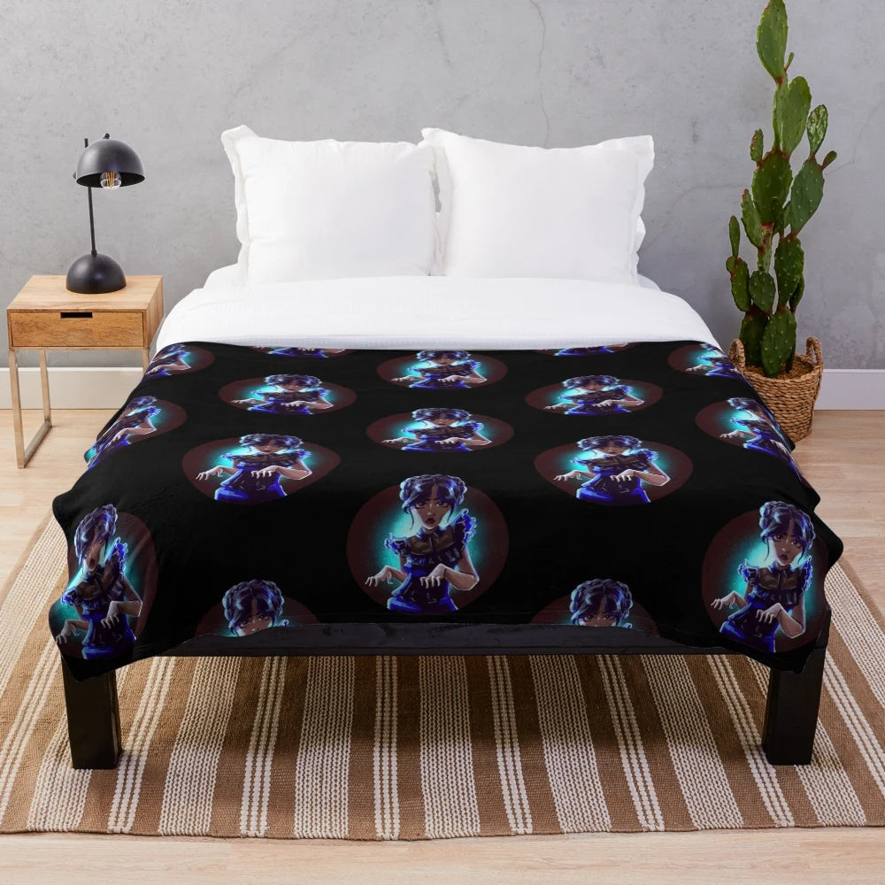Dark plush blanket with Wednesday Addams design