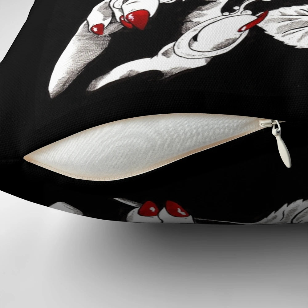 A dark and dreamy throw pillow with an Addams Family-inspired gothic aesthetic, featuring a rose and scissors design.