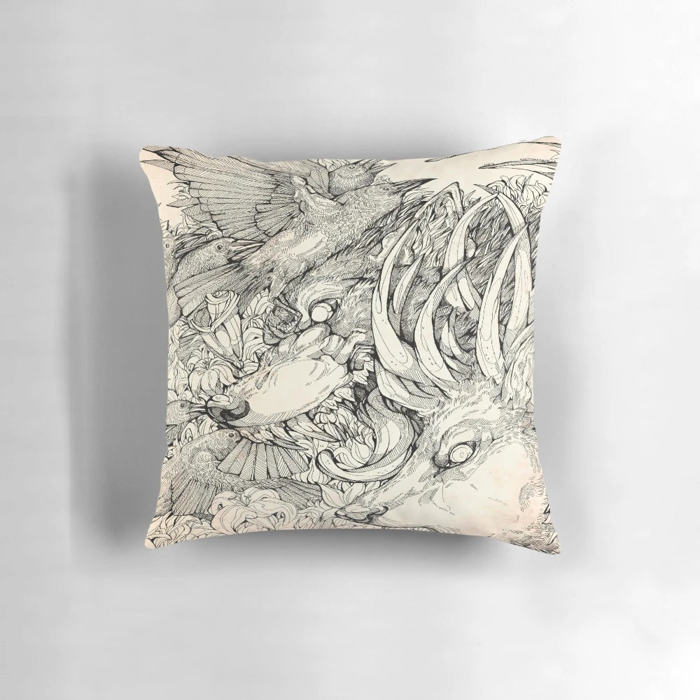 A dark and moody throw pillow featuring a surreal design with deer, crow, raven, and wolf elements in a gothic, horror-inspired style.