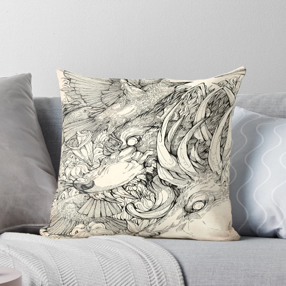A dark and moody throw pillow featuring a surreal design with deer, crow, raven, and wolf elements in a gothic, horror-inspired style.
