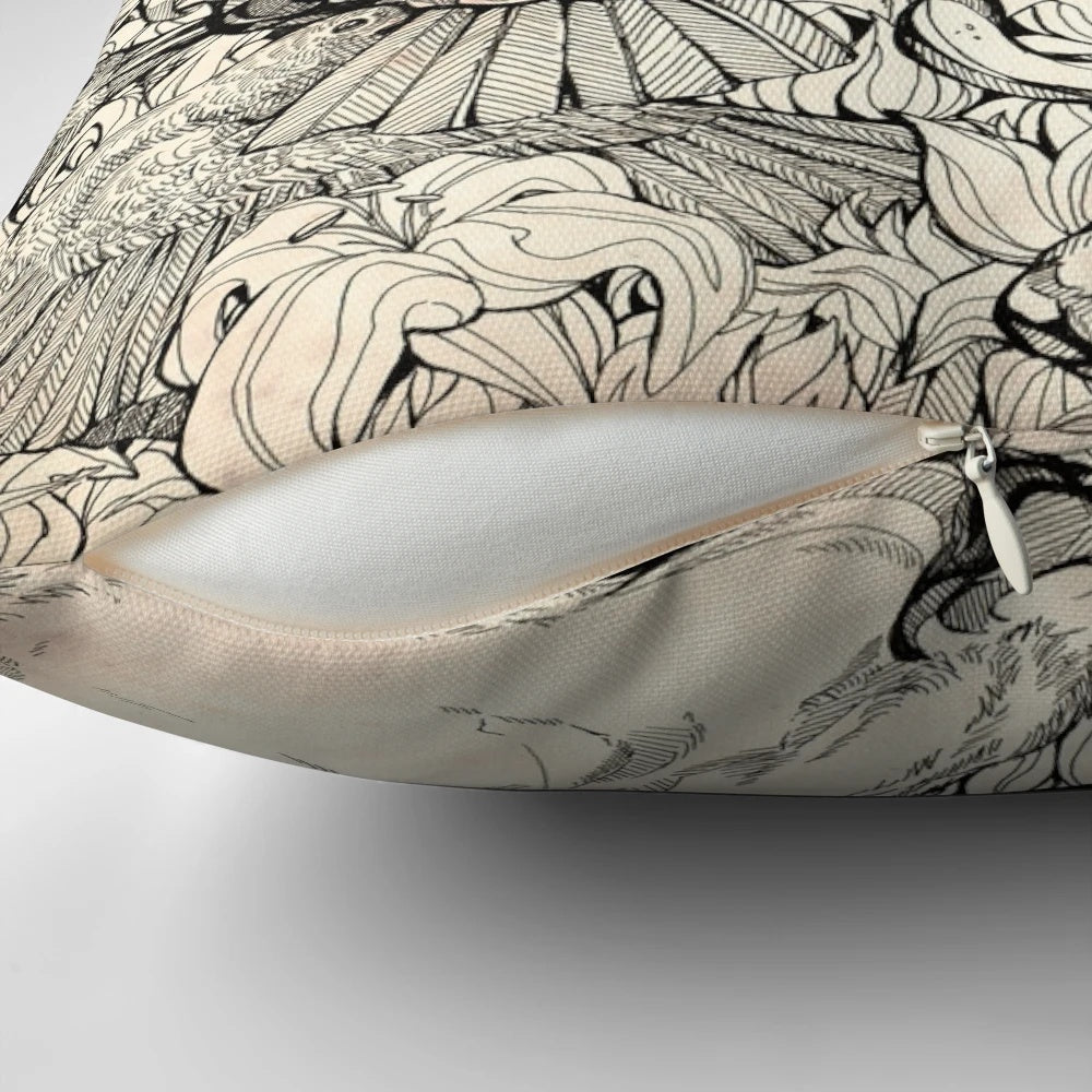A dark and moody throw pillow featuring a surreal design with deer, crow, raven, and wolf elements in a gothic, horror-inspired style.