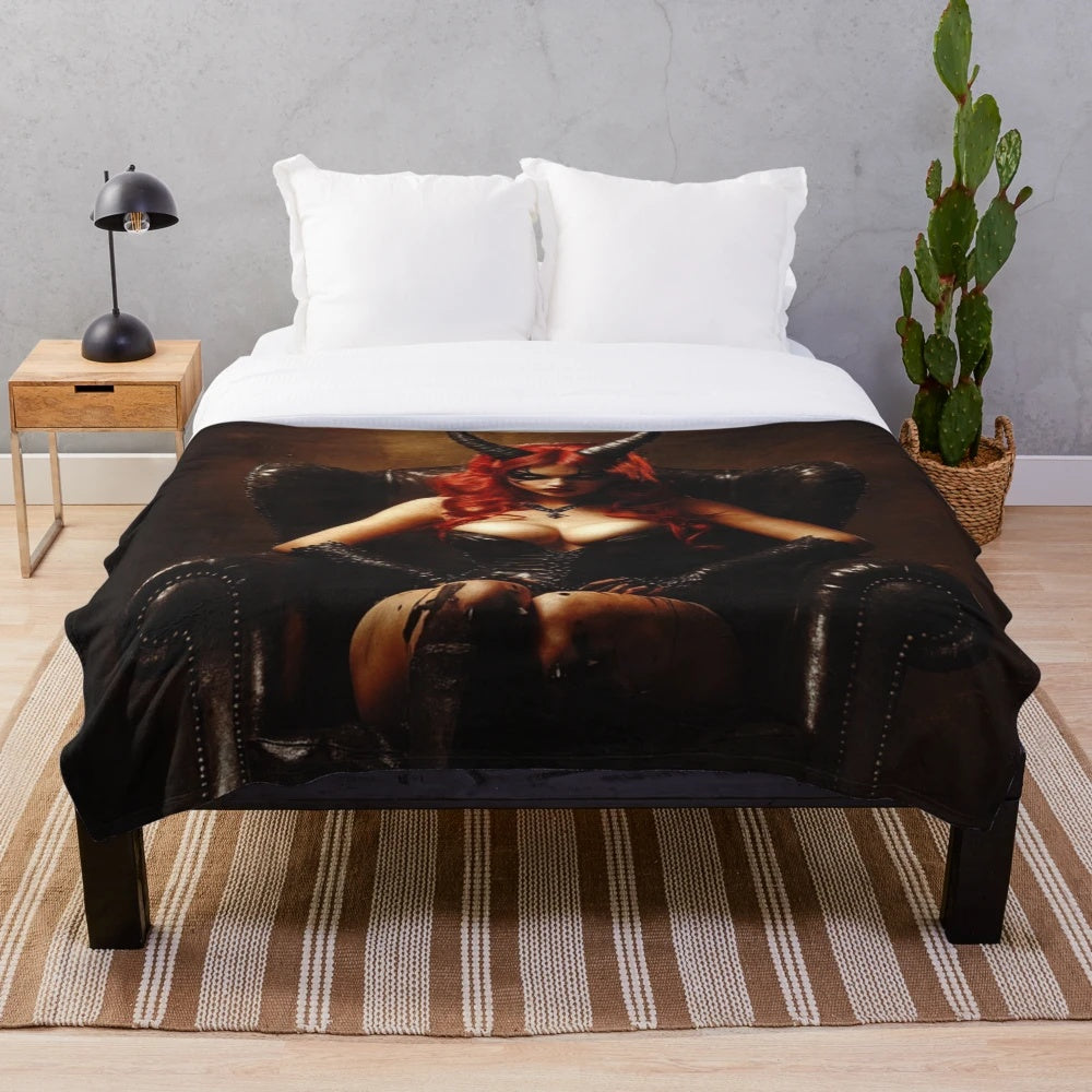 Cozy plush blanket featuring a gothic anime-inspired demon girl design