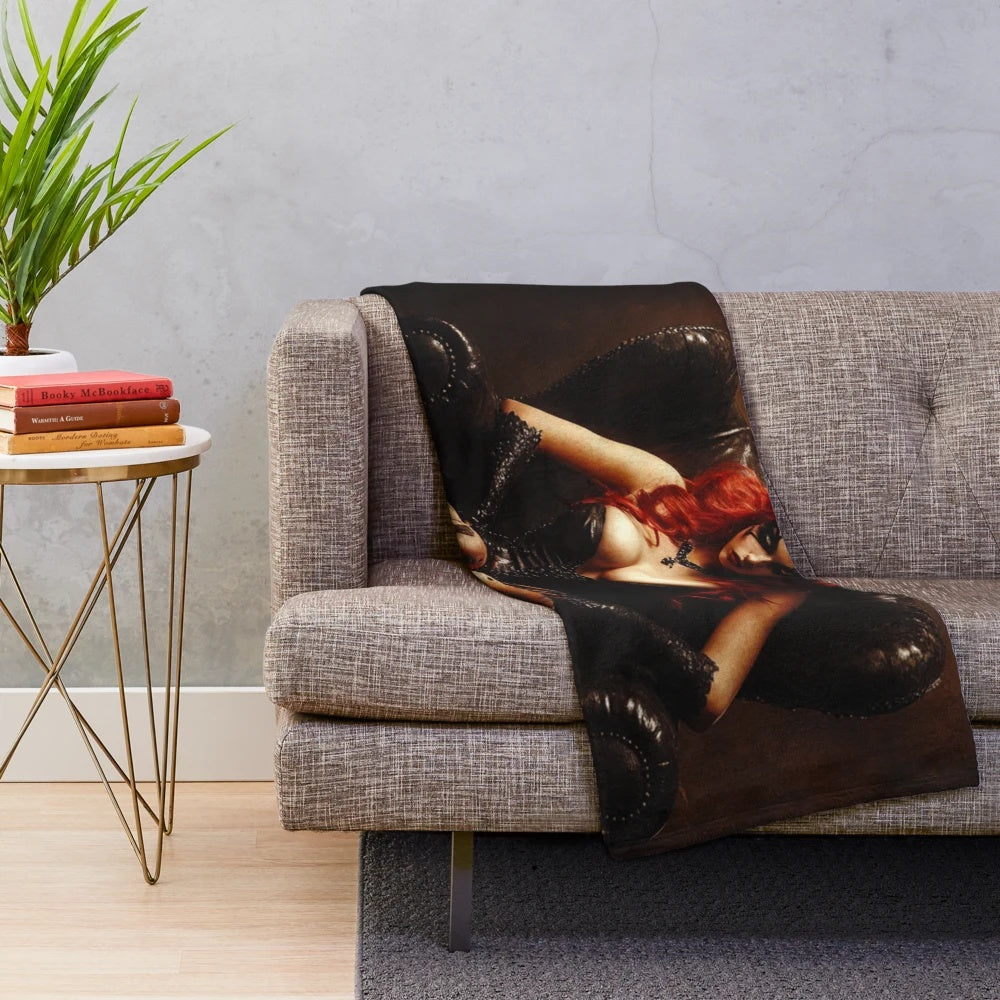 Cozy plush blanket featuring a gothic anime-inspired demon girl design