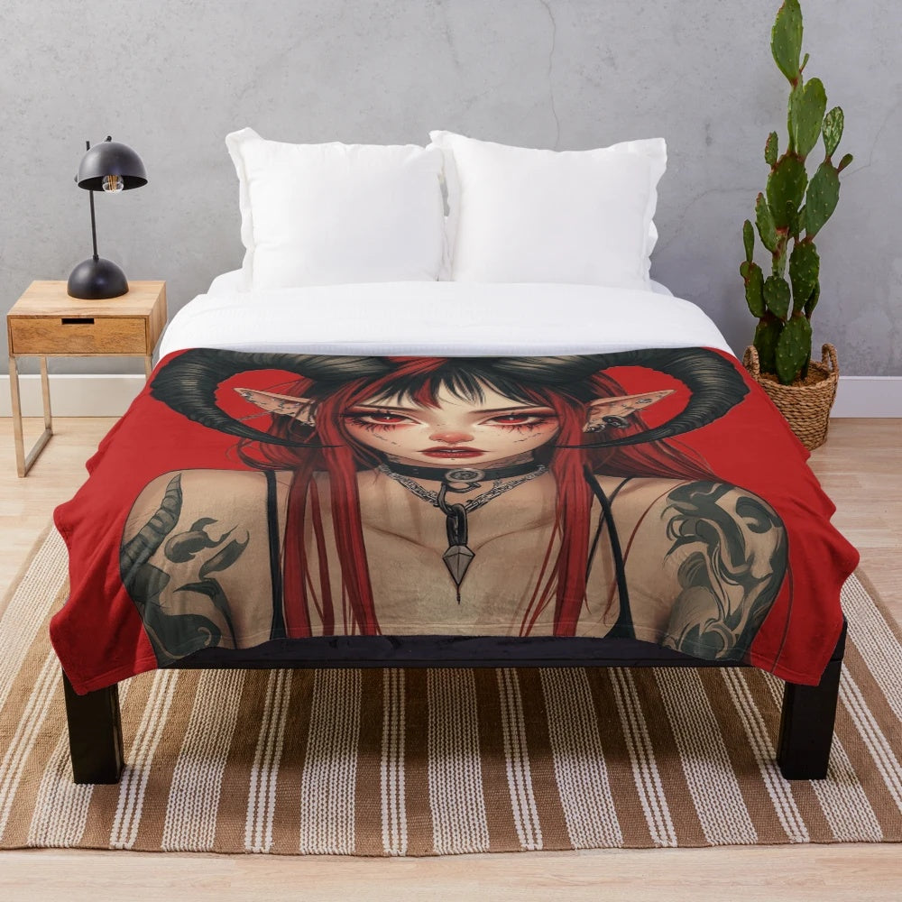 Dark fantasy anime demon girl plush blanket