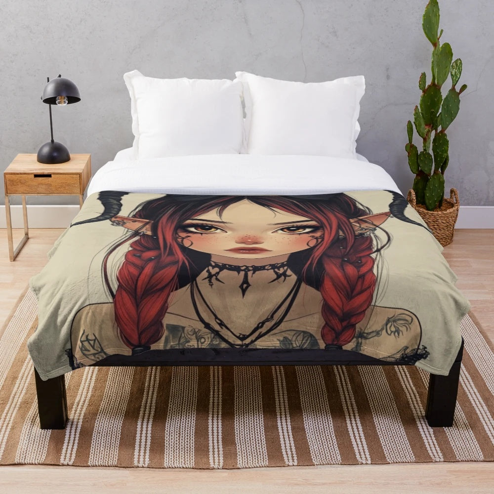 Dark fantasy plush blanket with demon girl illustration