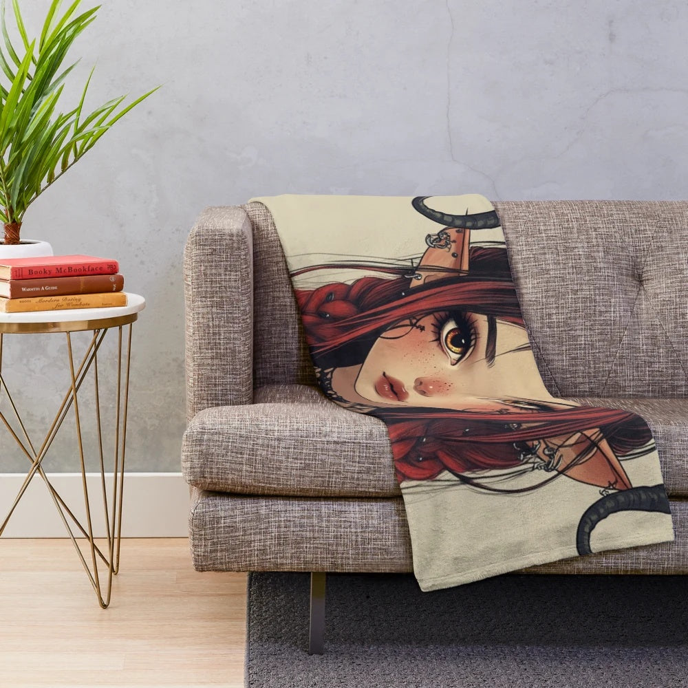 Dark fantasy plush blanket with demon girl illustration
