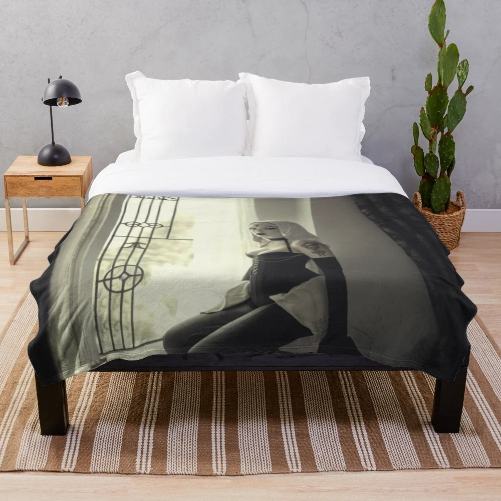 Dark fantasy plush blanket featuring a demon nun character