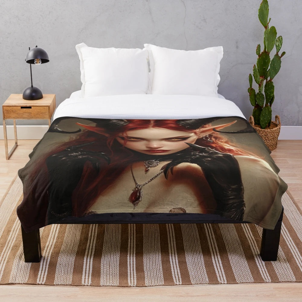Dark fantasy plush blanket featuring a demonic anime-style girl with horns