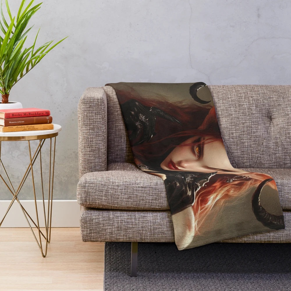 Dark fantasy plush blanket featuring a demonic anime-style girl with horns