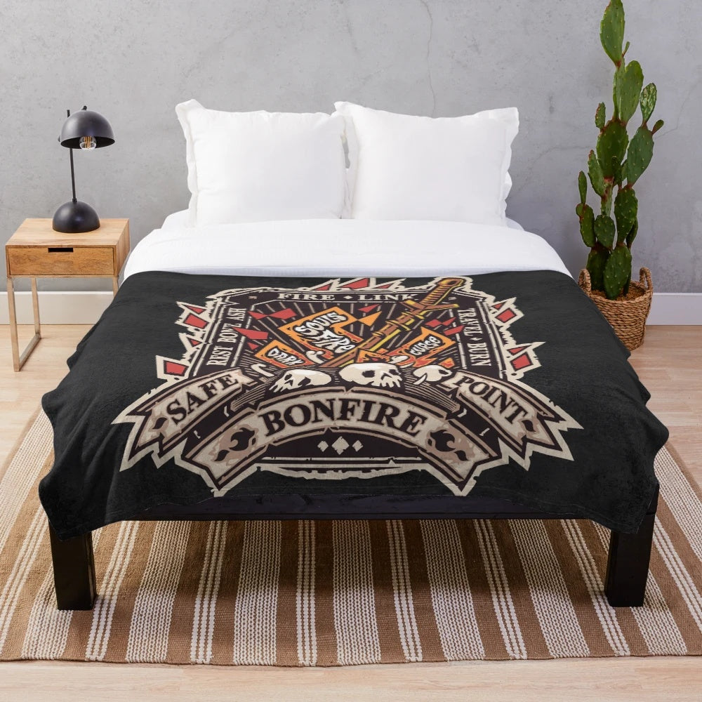 Dark Souls inspired plush blanket with bonfire emblem and curse souls design