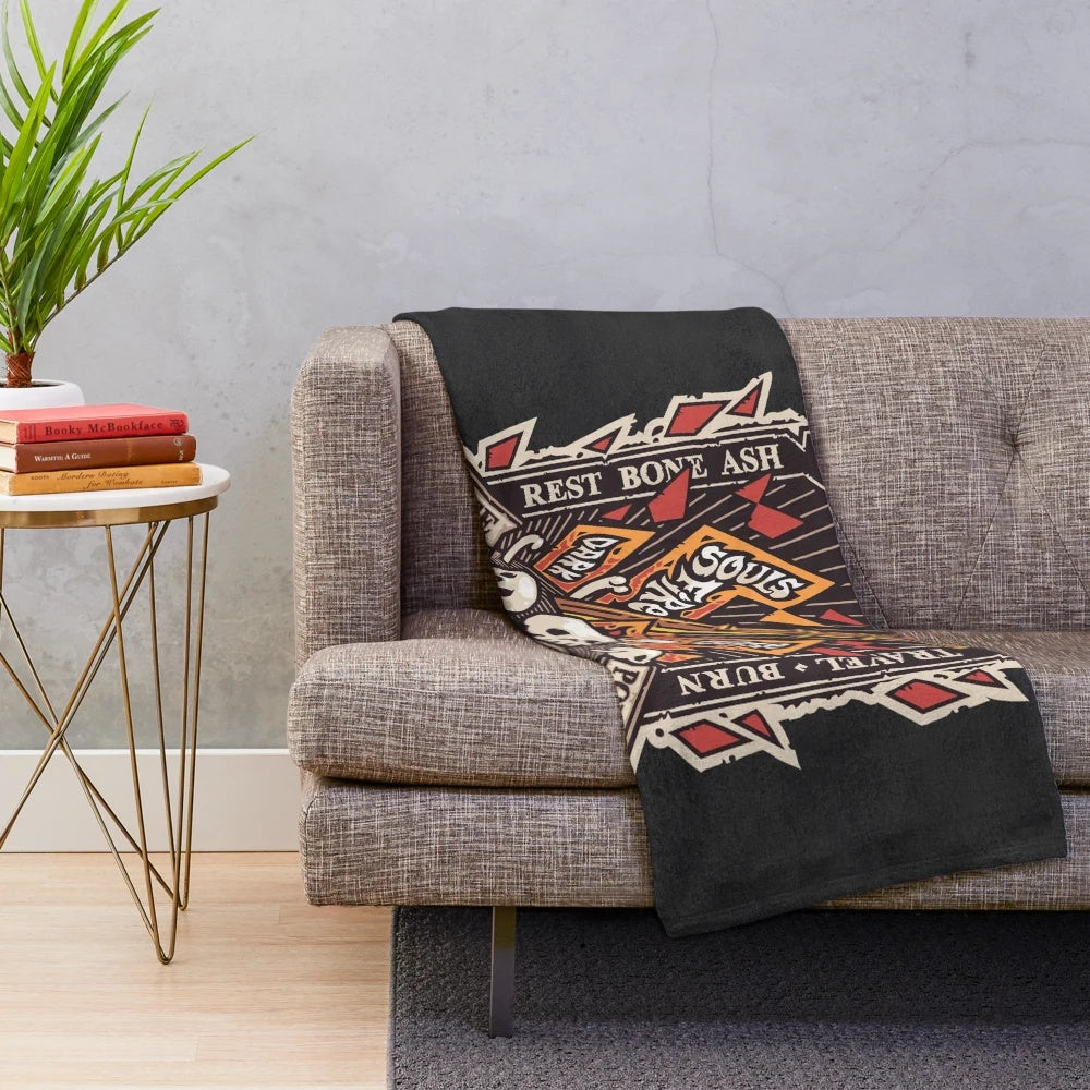 Dark Souls inspired plush blanket with bonfire emblem and curse souls design