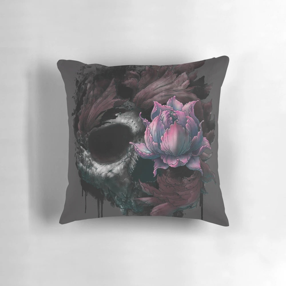 Surreal image of a skull with spring flowers blooming from within, representing the duality of death and beauty.
