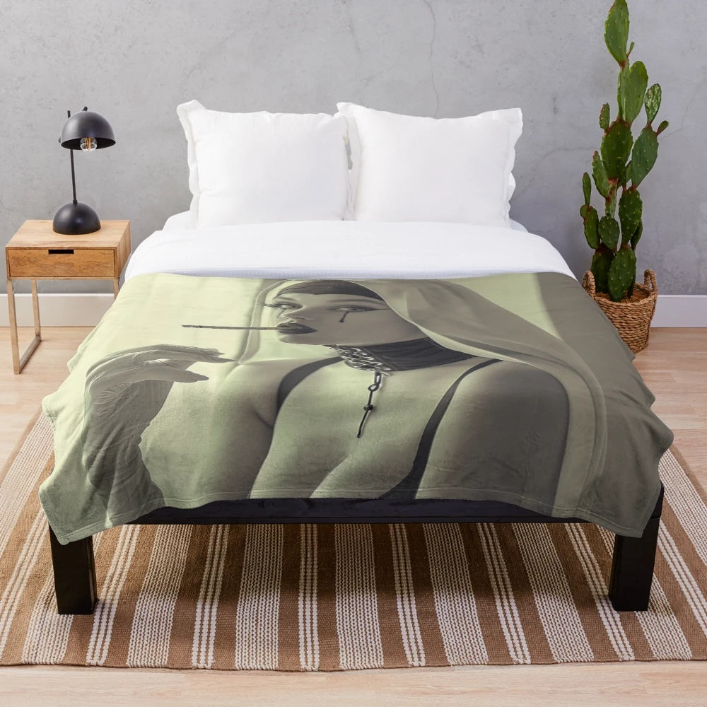 Dark gothic anime inspired plush blanket featuring a "bad nun" character