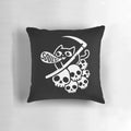 Dark, gothic-style decorative pillow featuring a cat and grim reaper design