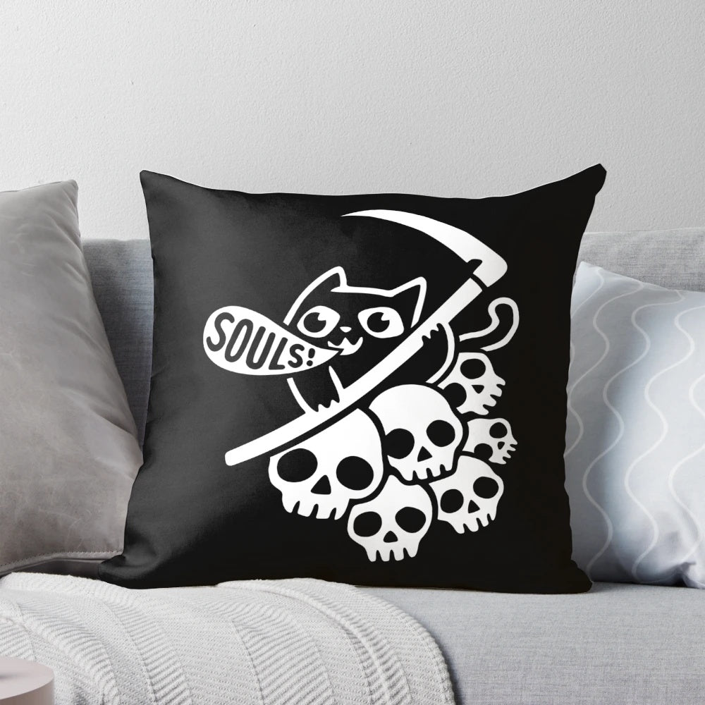 Dark, gothic-style decorative pillow featuring a cat and grim reaper design