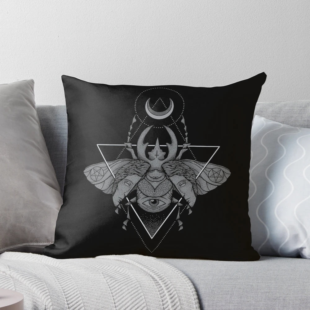 A dark and eerie pillow featuring a geometric occult beetle or scarab design in a pointillism style.