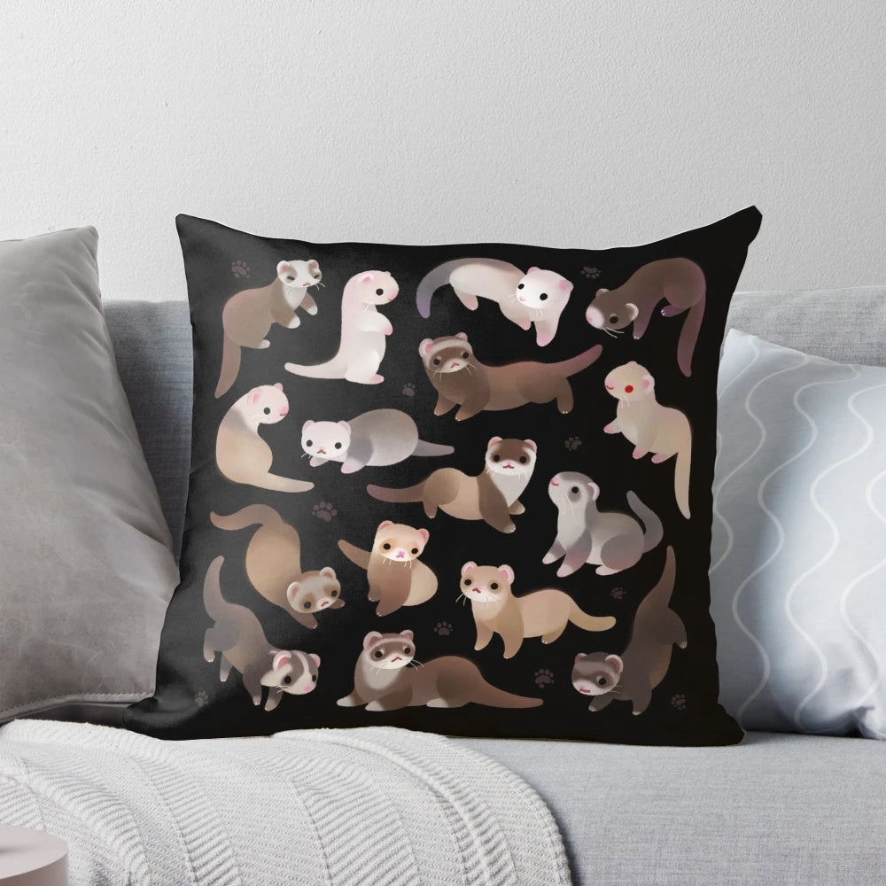 A plush, dark ferret pillow with a sable coat, perfect for ferret lovers and home decor.