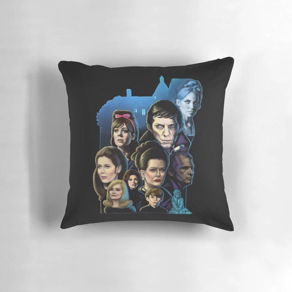 A dark and moody pillow featuring the Dark Shadows logo, perfect for adding gothic and horror-themed style to your home.