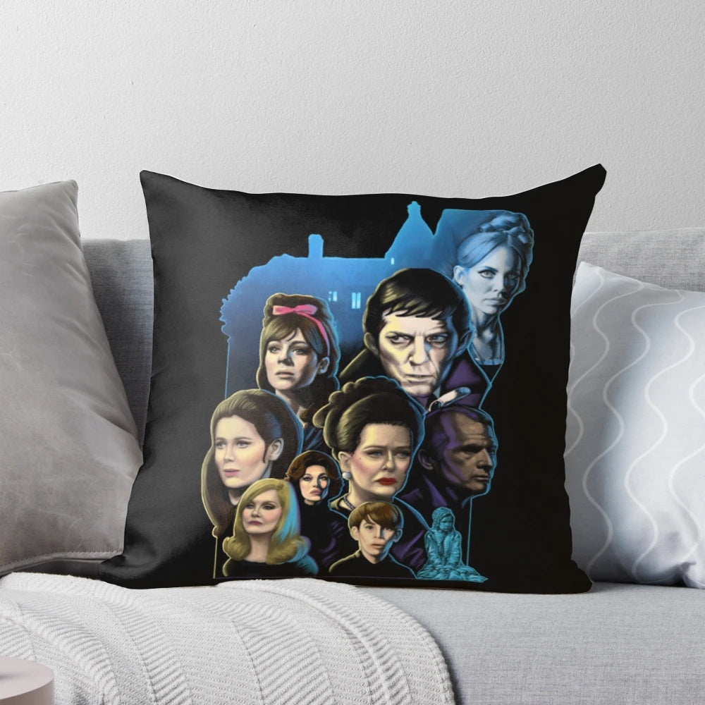 A dark and moody pillow featuring the Dark Shadows logo, perfect for adding gothic and horror-themed style to your home.