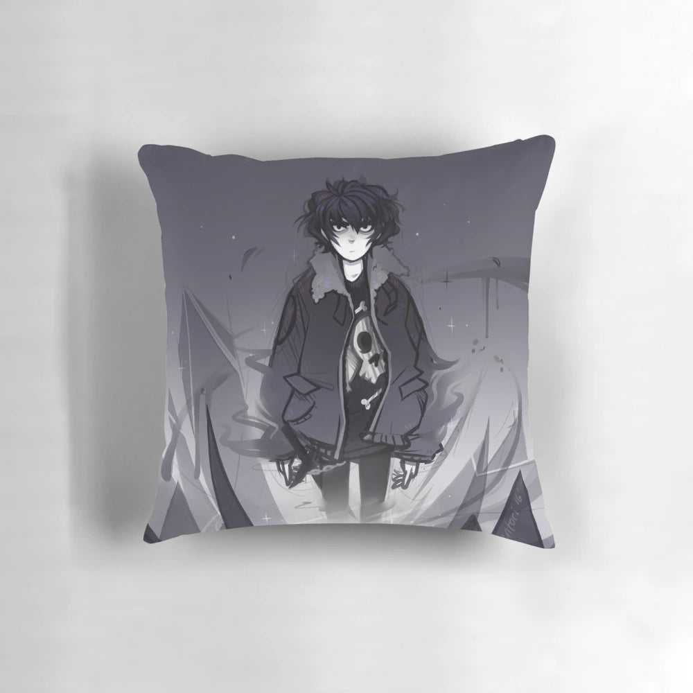 A decorative pillow featuring Nico di Angelo and the theme of shadow control from the Percy Jackson and the Olympians series.