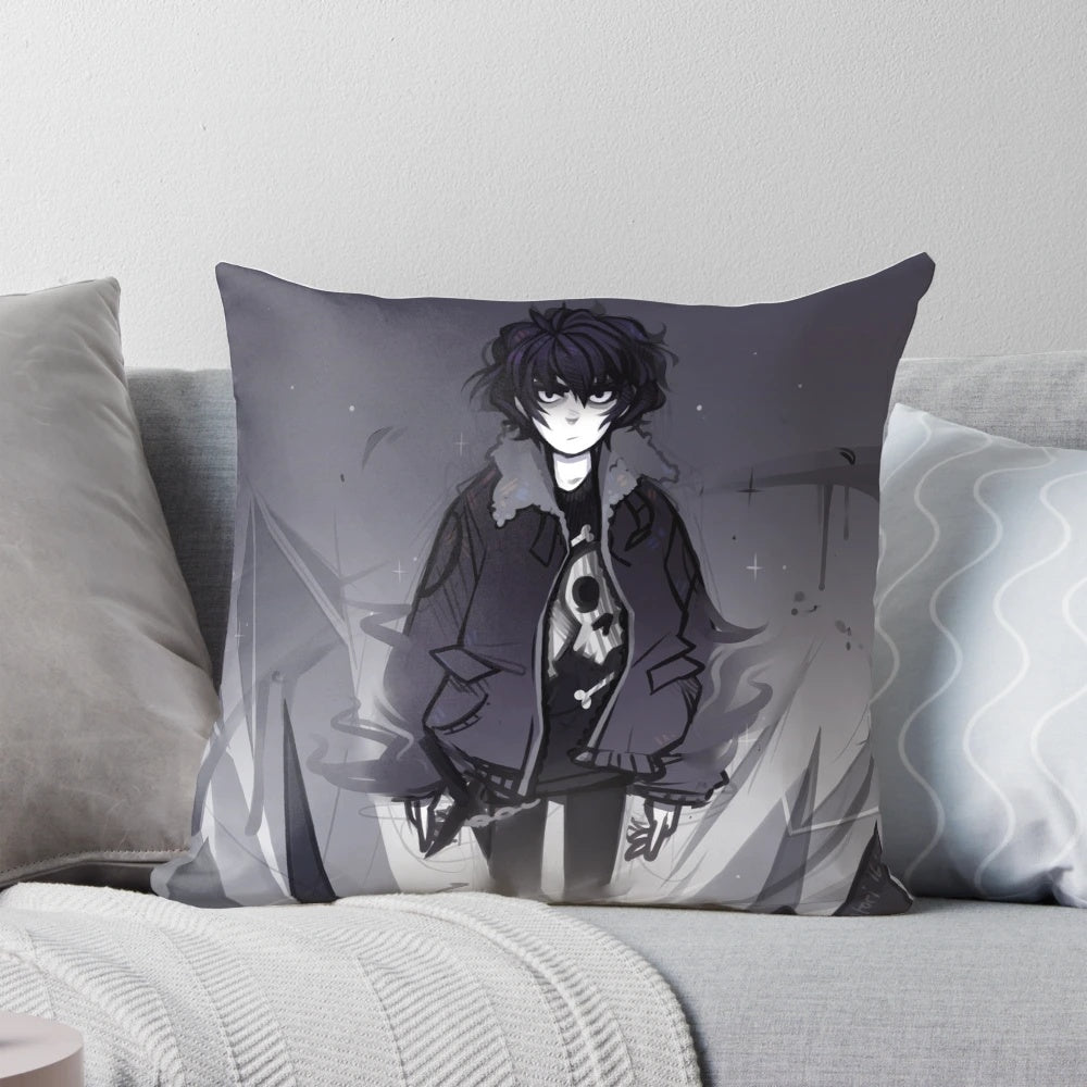 A decorative pillow featuring Nico di Angelo and the theme of shadow control from the Percy Jackson and the Olympians series.