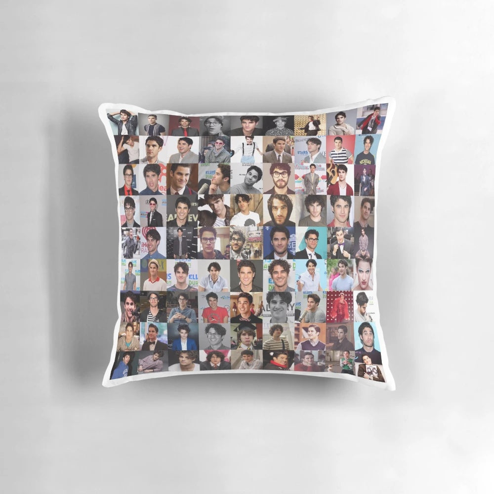 A collage of images featuring Darren Criss as Blaine Anderson from Glee and other pop culture references printed on a high-quality throw pillow.