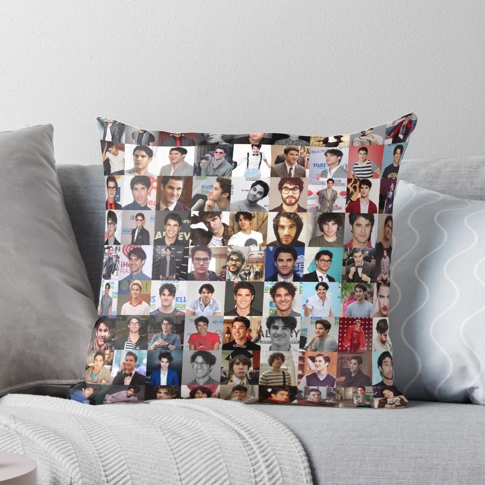 A collage of images featuring Darren Criss as Blaine Anderson from Glee and other pop culture references printed on a high-quality throw pillow.