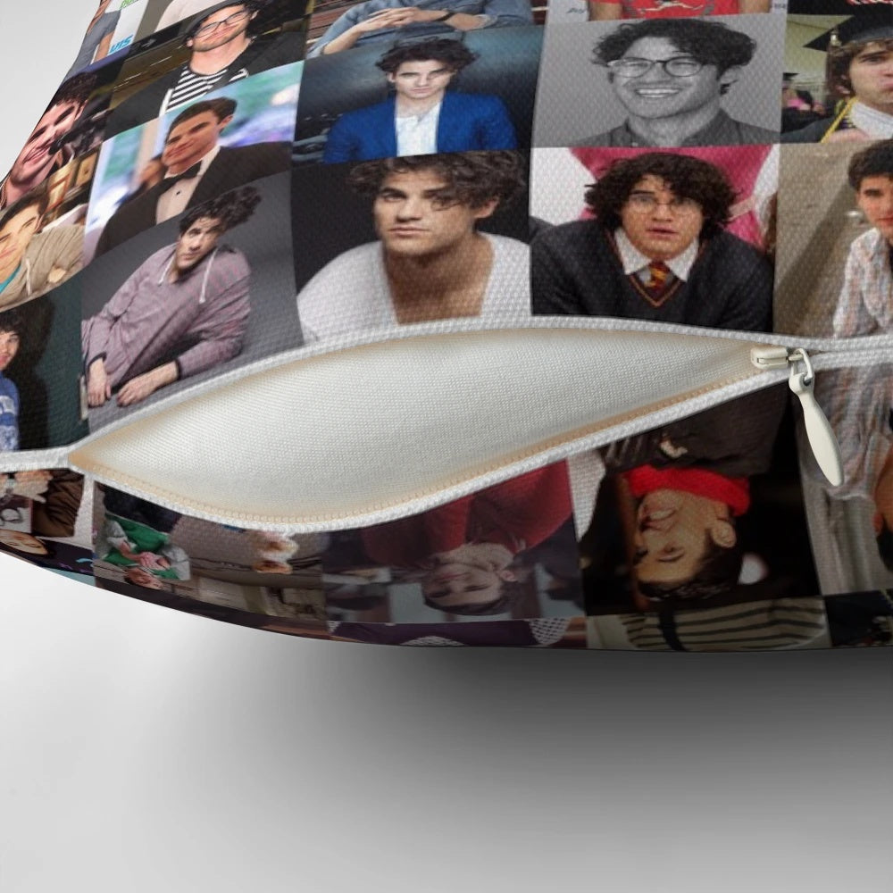 A collage of images featuring Darren Criss as Blaine Anderson from Glee and other pop culture references printed on a high-quality throw pillow.