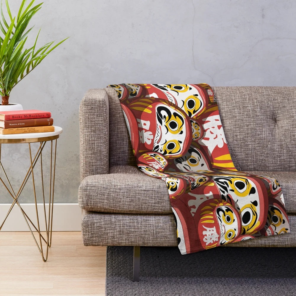 Daruma dolls plush blanket with Japanese cultural design