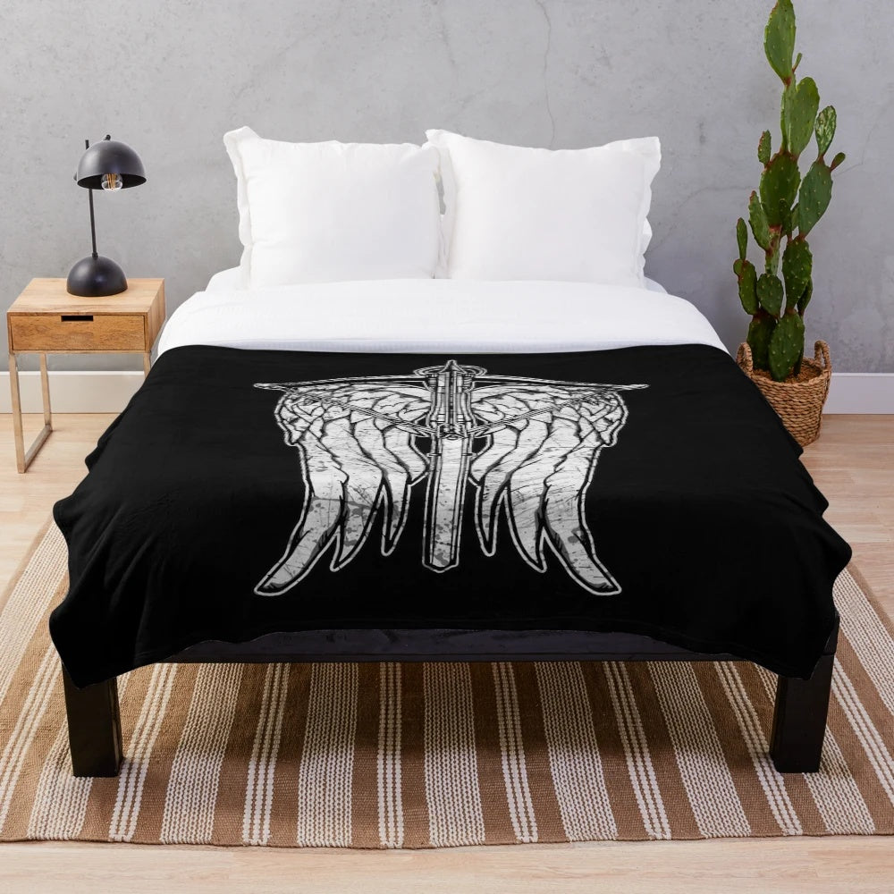 Daryl Dixon-inspired plush blanket with angel wings and crossbow design