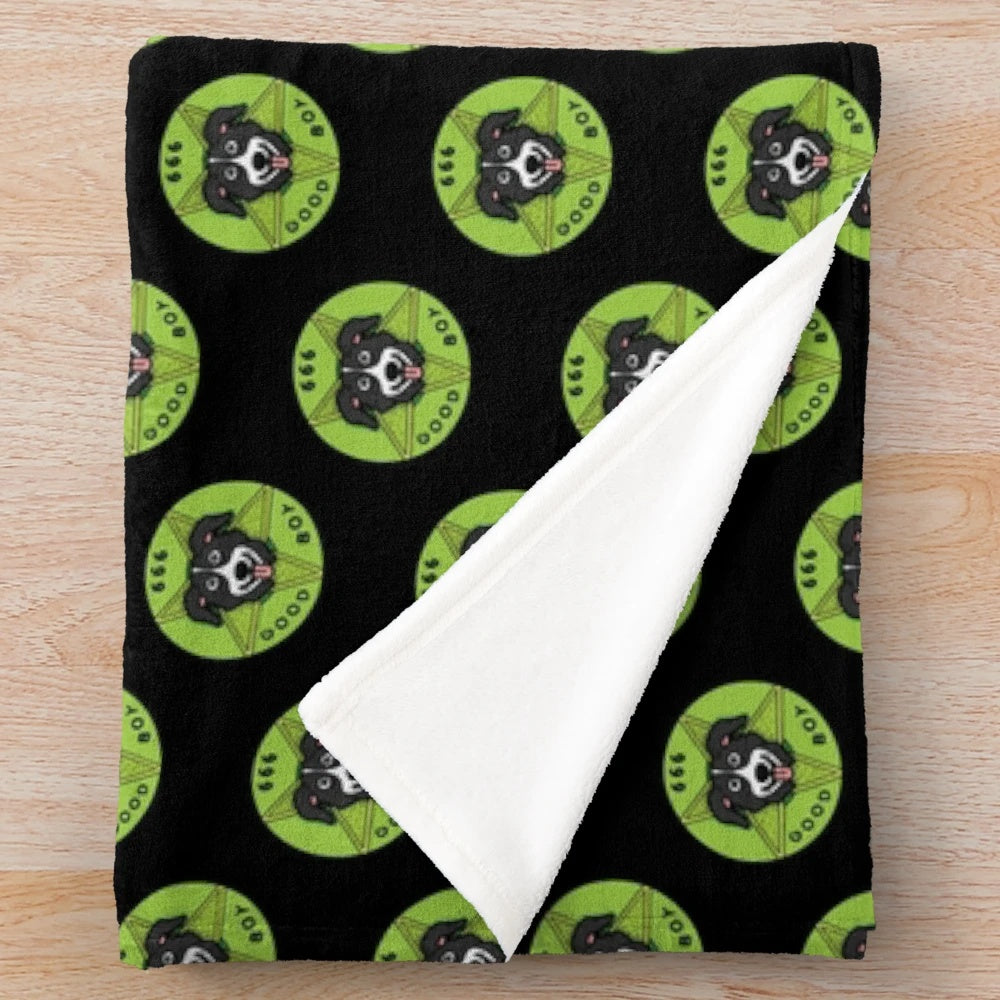 Mr. Pickles the evil cartoon dog on a plush blanket