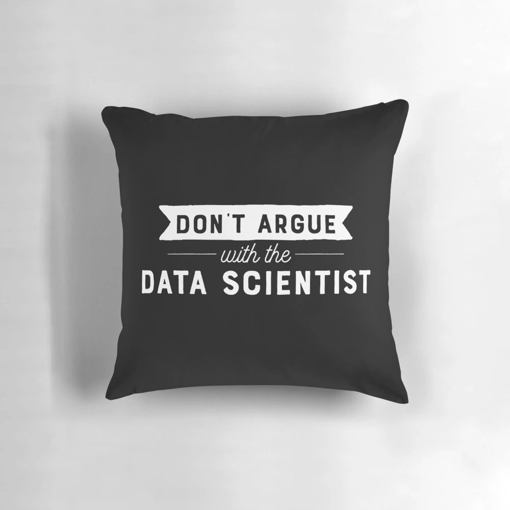A white pillow with the text "Don't Argue With The Data Scientist" printed on it.