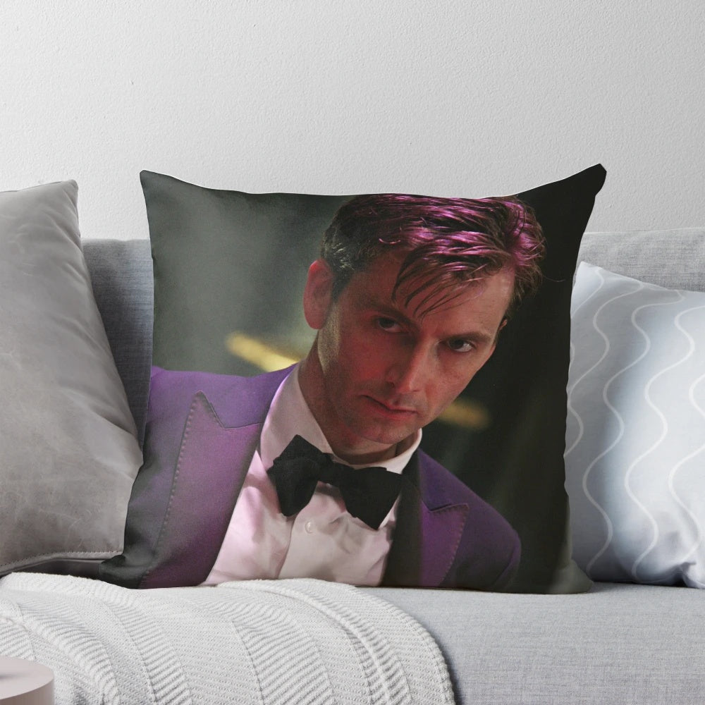 Image of a decorative pillow featuring a portrait of actor David Tennant as the character Hamlet