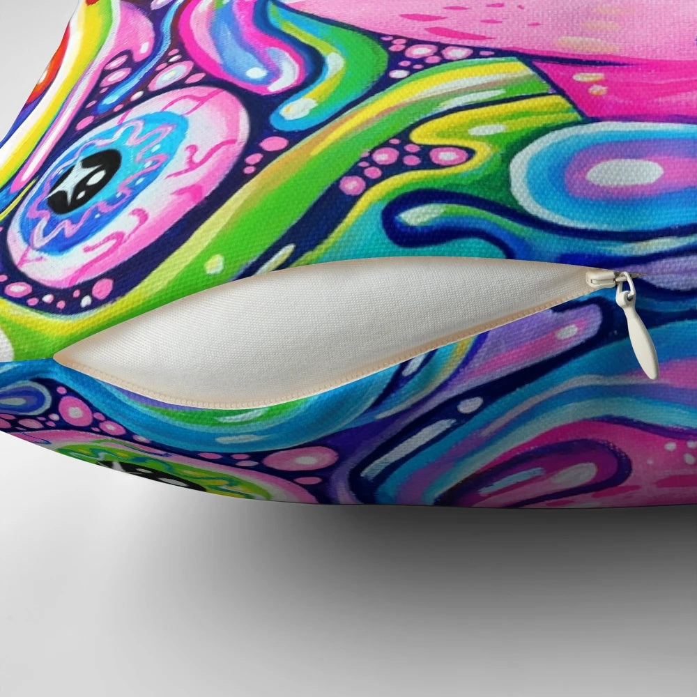 Vibrant pillow featuring a glitter-filled shark with mesmerizing eyes and teeth against a rainbow background