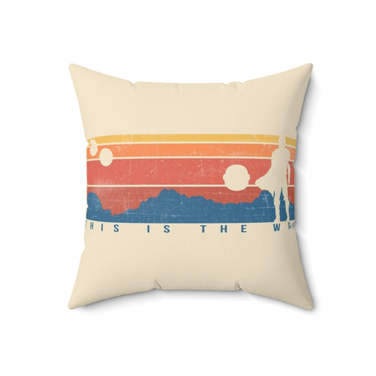 Vintage-style retro pillow featuring a sunset/sunrise design with Mandalorian-inspired elements