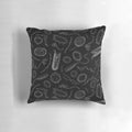 Deadly Diseases Science Pillow featuring microscopic disease patterns, bacteria, and microbiology illustrations in black and white.
