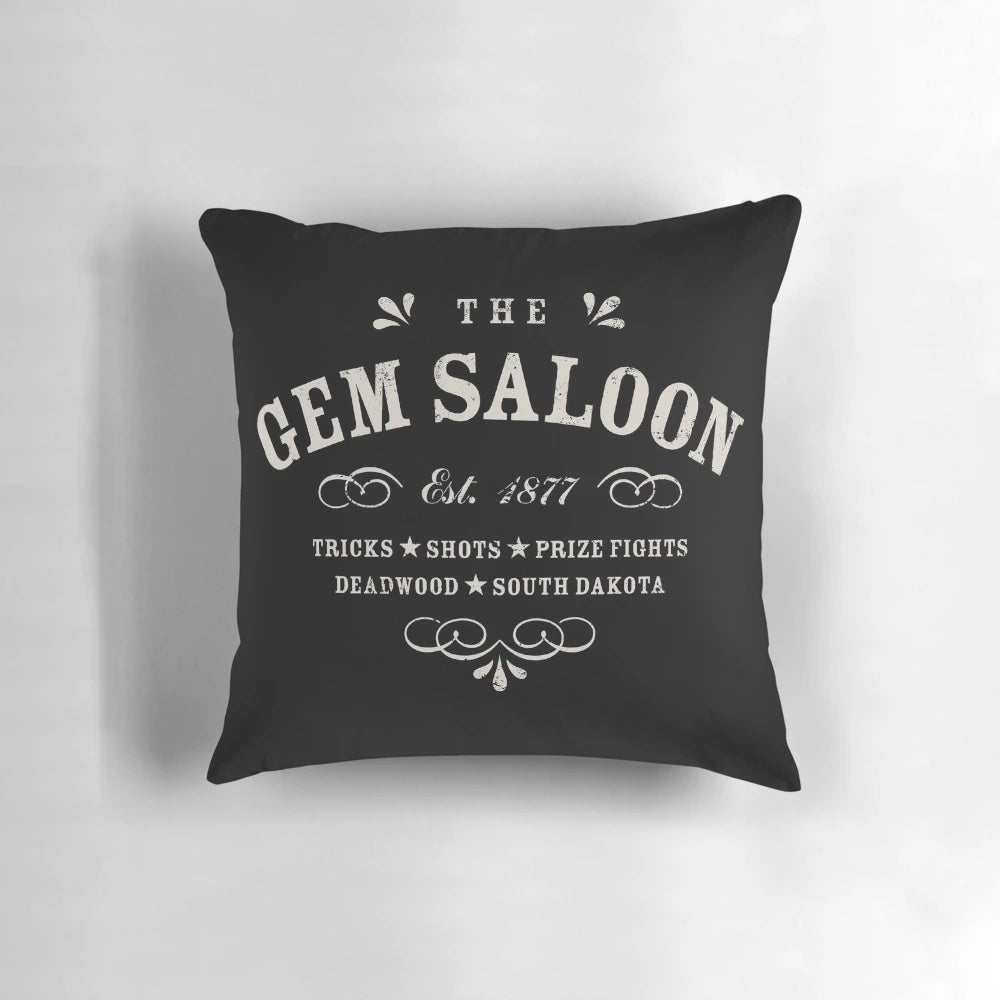 The Gem Saloon, Deadwood-inspired western throw pillow featuring vintage typography and designs