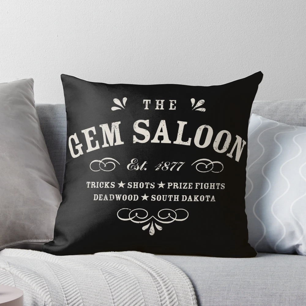 The Gem Saloon, Deadwood-inspired western throw pillow featuring vintage typography and designs