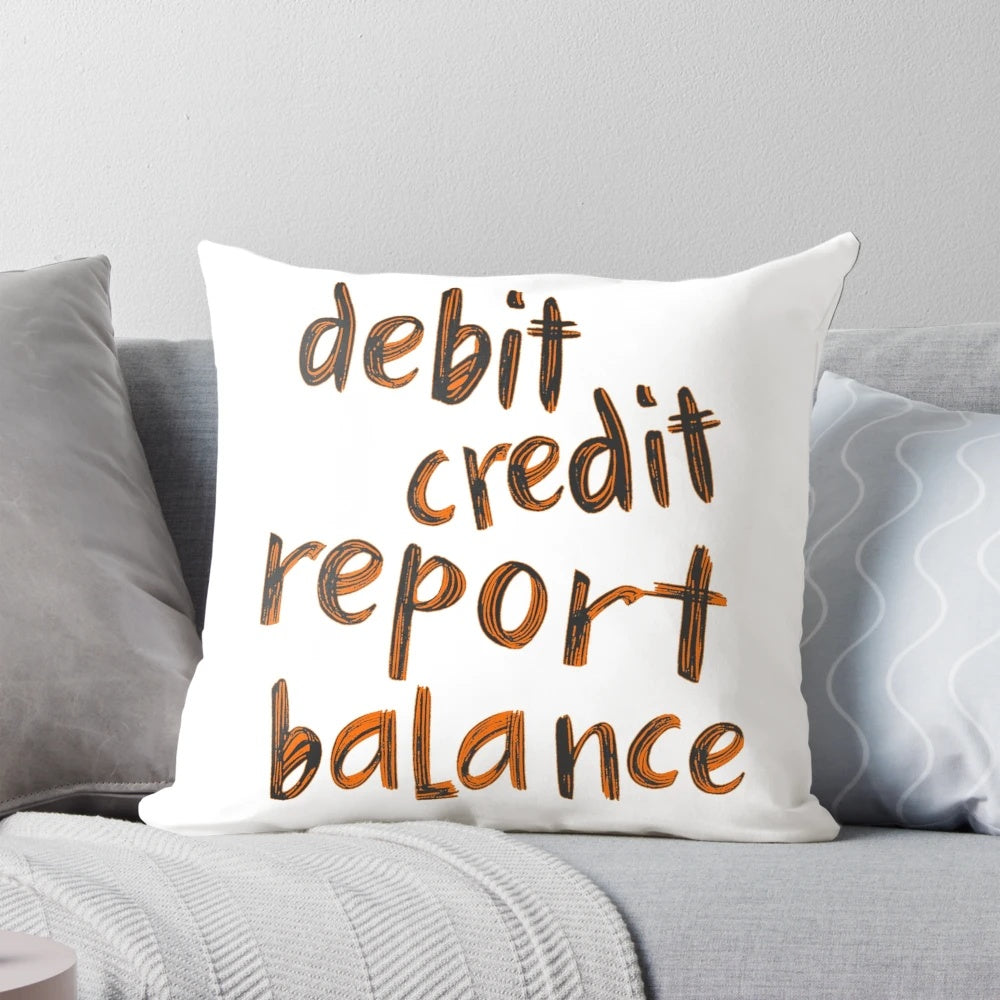 Debit credit report balance accounting pillow with calculator and numbers