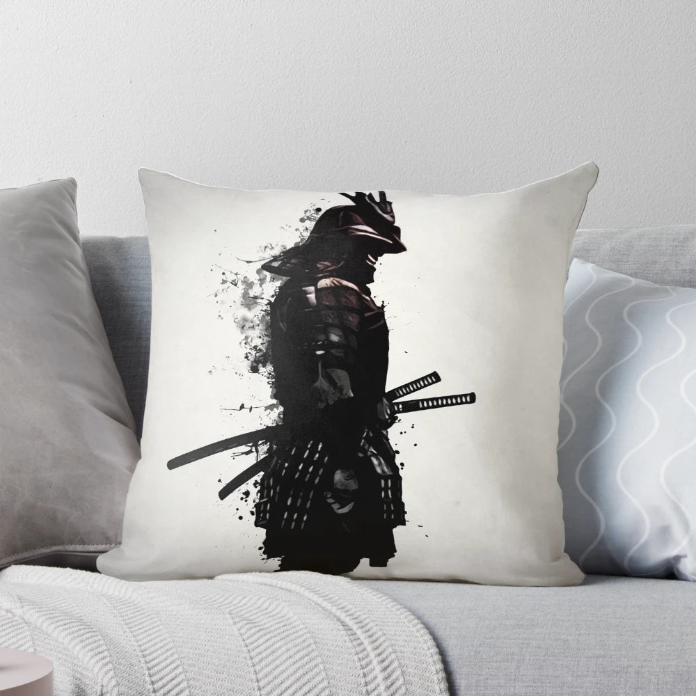 Armored samurai-inspired decorative throw pillow with Japanese-style design